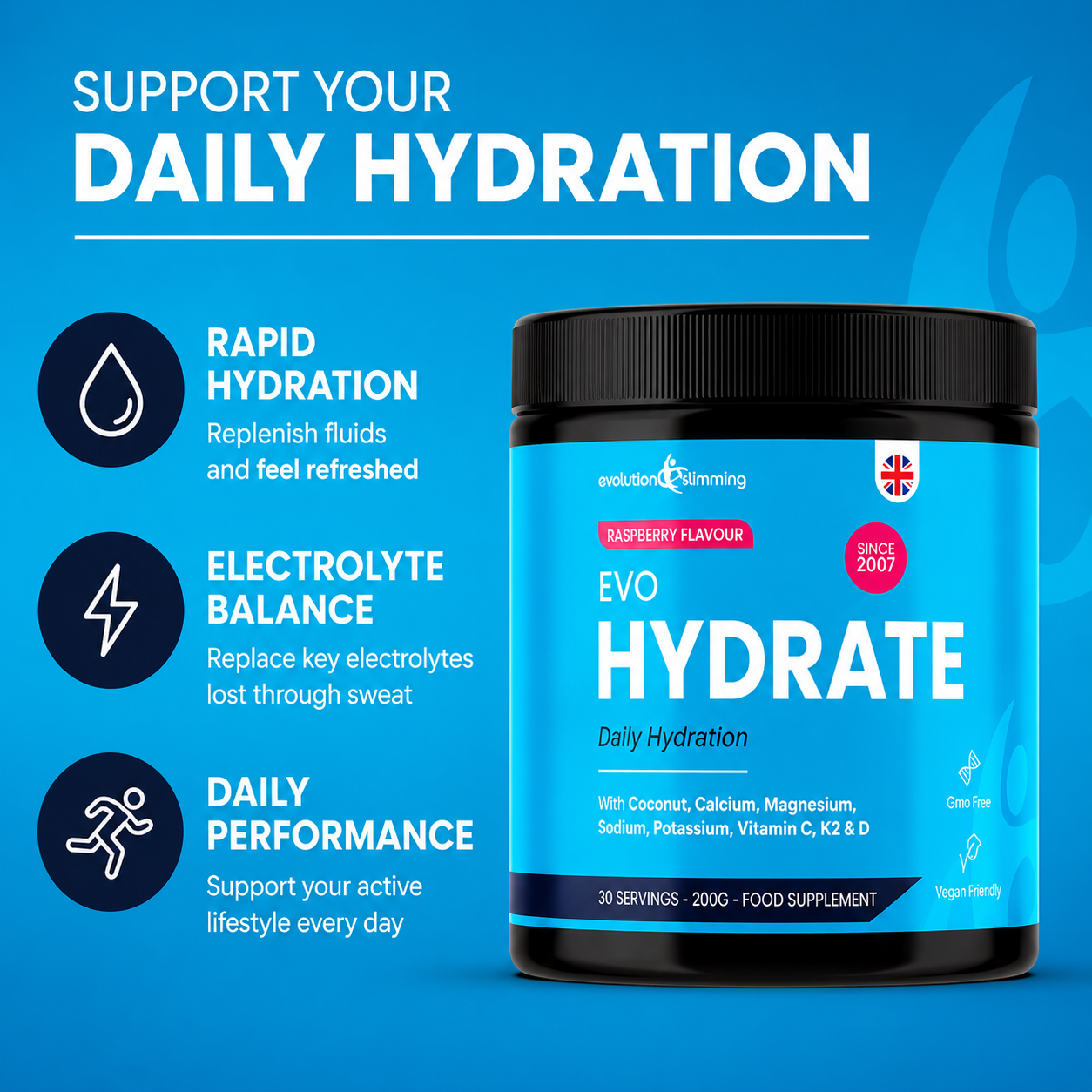 EVO Hydrate Raspberry Electrolyte Powder | Daily Hydration with Coconut Water, Magnesium, Potassium & Vitamins | 30 Servings